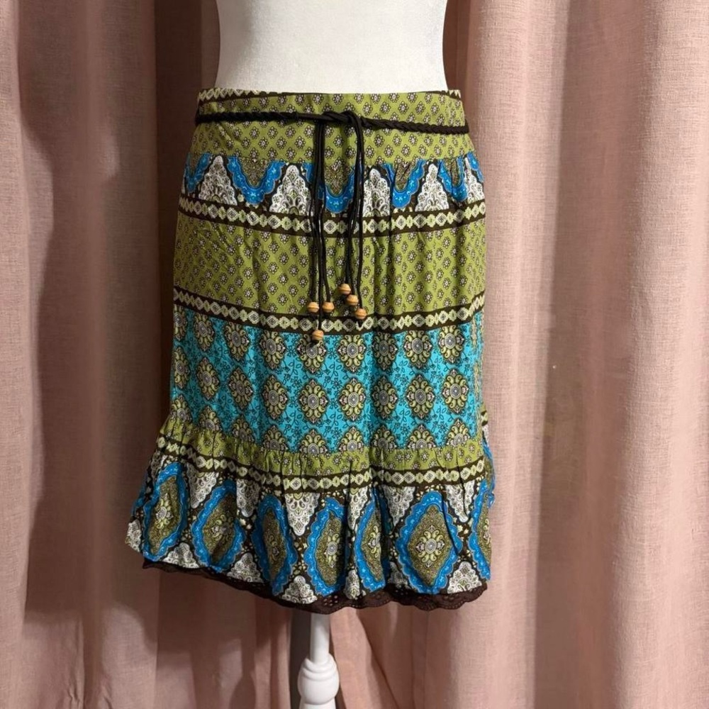 Y2K Boho Tiered Mini Skirt Wooden Beaded Belt Sz Large